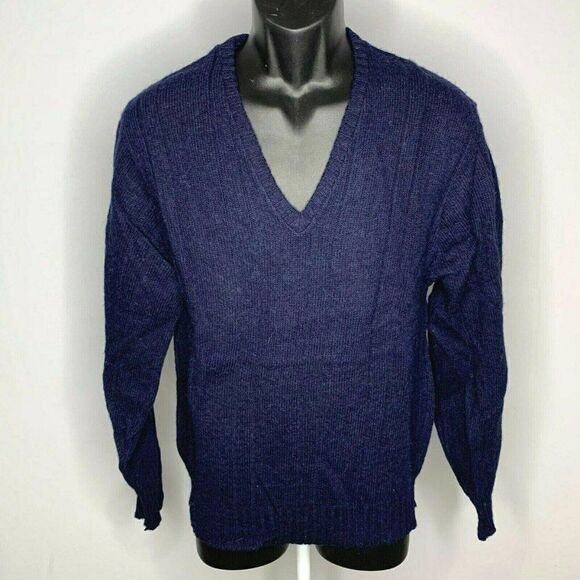 Vintage 70s Knit Pullover Sweater Dark Blue V Neck